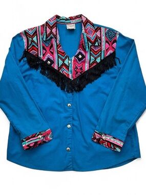 Vintage 1990s Western Fringe Shirt with Vibrant Aztec Yoke women’s Large